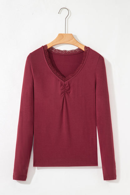 Red Dahlia Lace-trimmed Sweetheart Neckline Ruched Detail Long Sleeve T-shirt