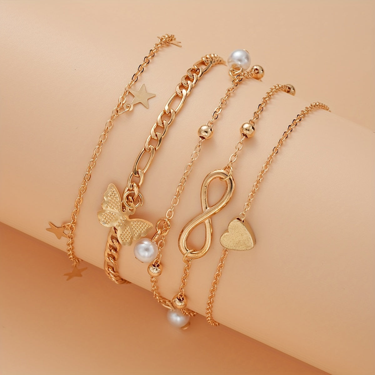 Bohemian Chic 4-Piece Anklets Set, Golden With Heart, Butterfly, Infinity & Star Charms, Faux Pearl Accents, Metal Anklets For Beach Party