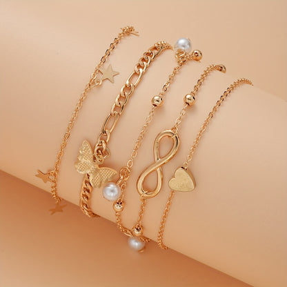 Bohemian Chic 4-Piece Anklets Set, Golden With Heart, Butterfly, Infinity & Star Charms, Faux Pearl Accents, Metal Anklets For Beach Party