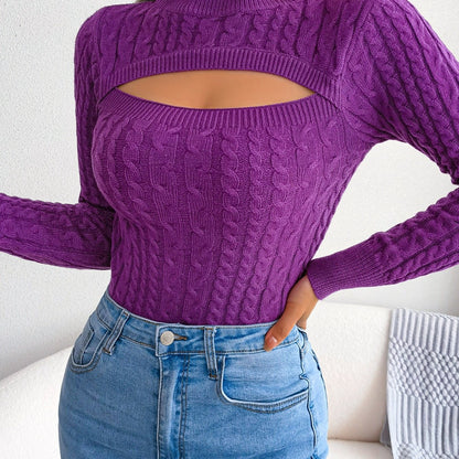 Damen-Langarmpullover mit Lochmuster | Hochelastisches Material, Rundhalsausschnitt, sexy, figurbetont, Herbst/Winter