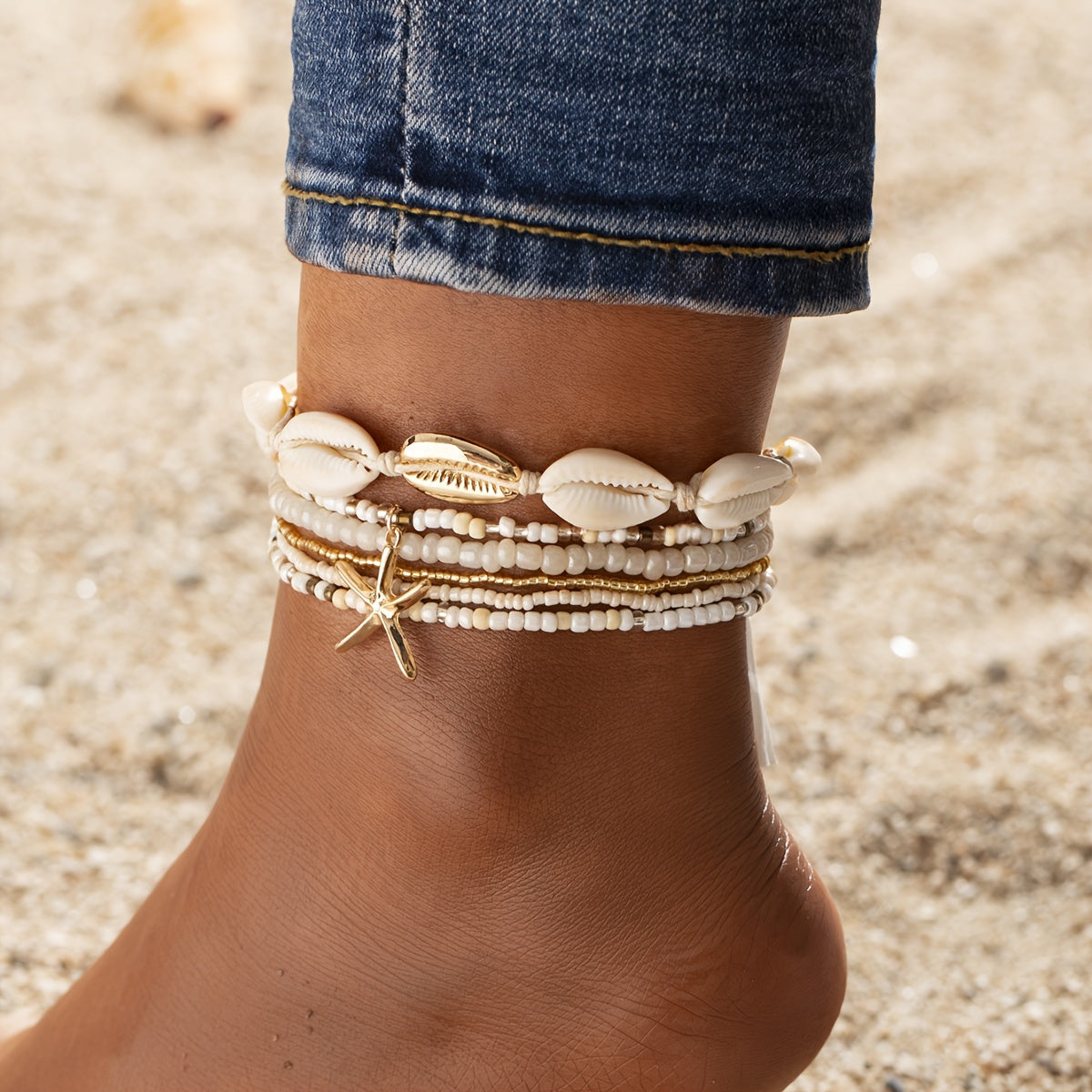 6pcs Set Unisex Glass Bead Anklets with Faux Shell & Starfish Pendants, Random Size & Quantity, Simple Vacation Style, Summer Beach Foot Jewelry for Daily & Holiday Wear