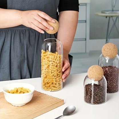 3pcs Cork-Topped Borosilicate Glass Jars with Wooden Balls, Transparent Spice Containers for Seasonings, Coffee, Beans & Kitchen Storage – Dishwasher-Safe Food-Grade Airtight Seal, Affordable Price, Food Preservation, Coffe