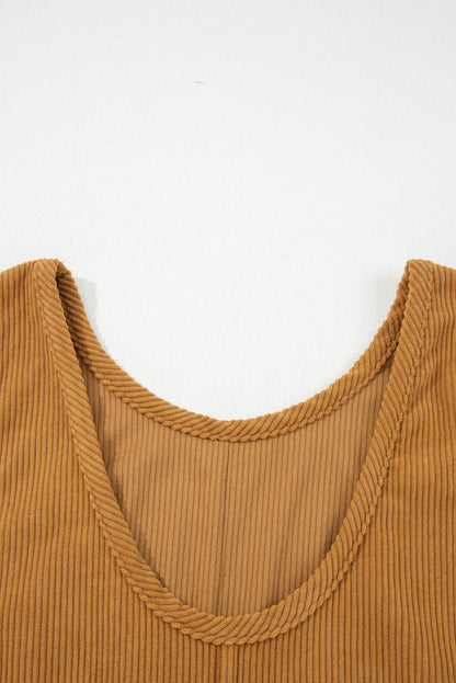 Beige Corduroy Sleeveless Mini Dress With Patched Pockets