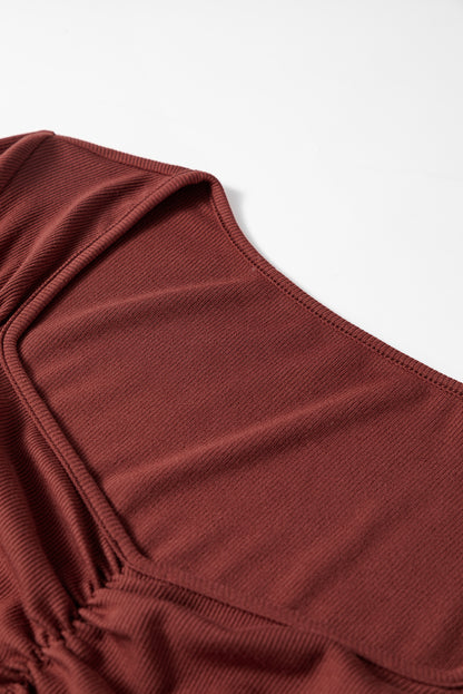 Burgundy Gathered Bust Square Neck Ribbed Fit Long Sleeve Top