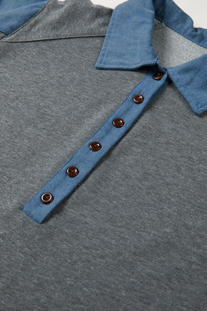 Carbon Grey Denim Color Block Patchwork Shirt Collar Short Sleeve Blouse
