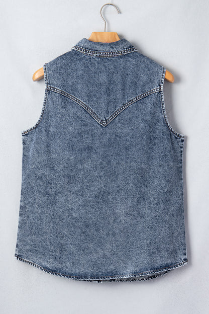 Ashleigh Blue Solid Denim Button Front Pocket Sleeveless Cowboy Vest