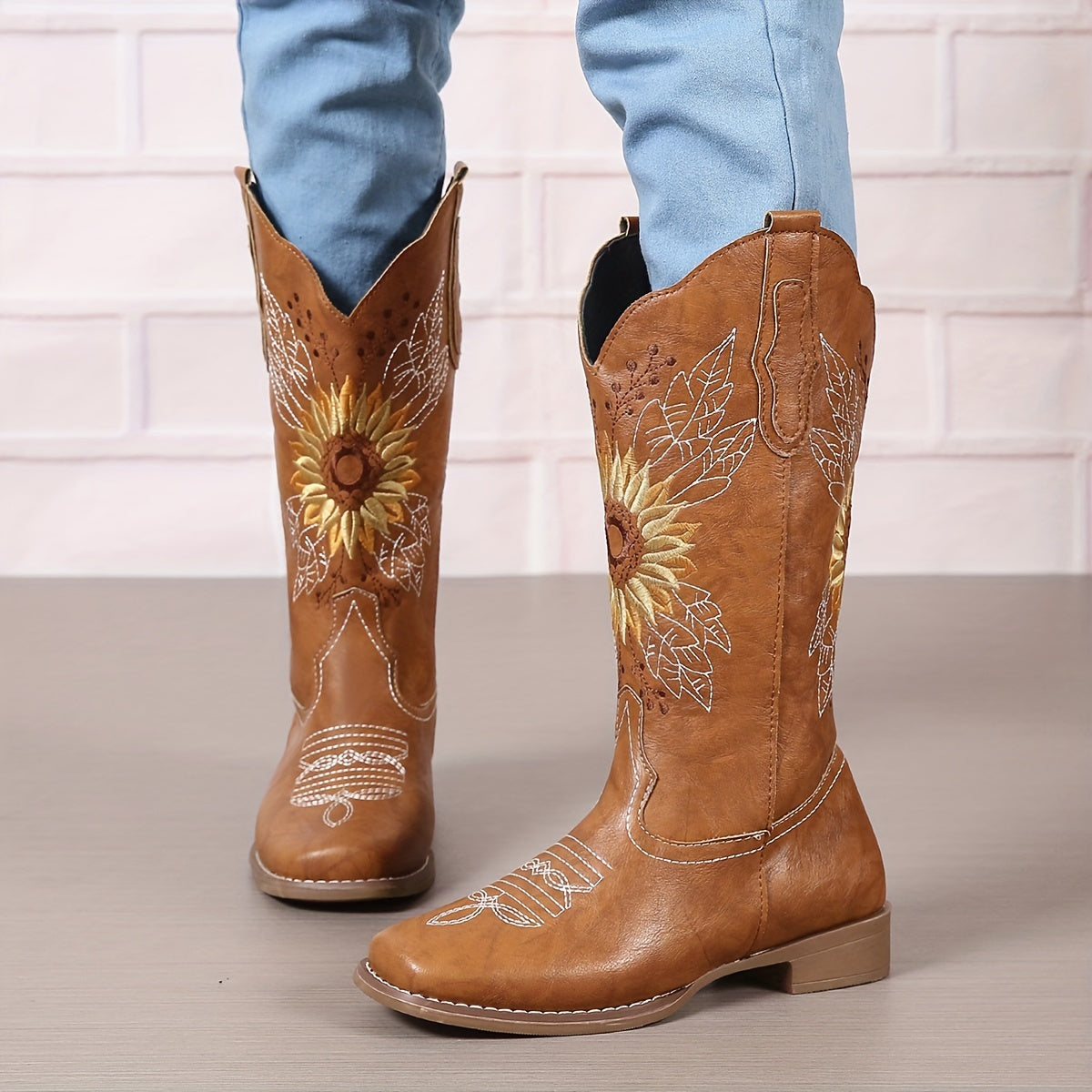 Bestickte Westernstiefel für Damen, mittelhoch, aus Kunstleder, Damenschuhe