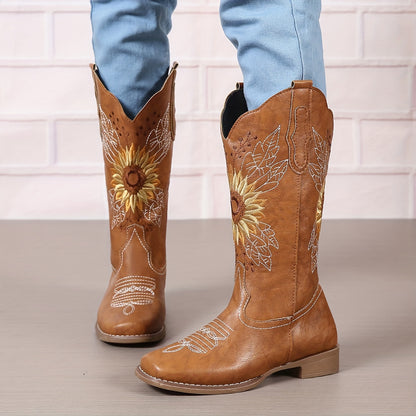 Bestickte Westernstiefel für Damen, mittelhoch, aus Kunstleder, Damenschuhe