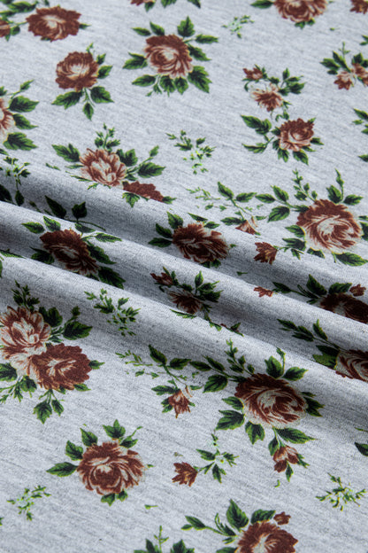 Gray Retro Floral Print Denim Patchwork Buttoned Polo Collar Top