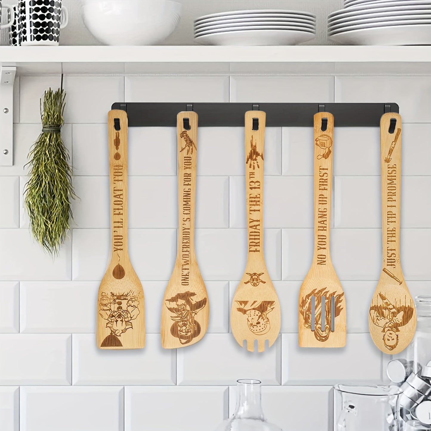 5Pcs Cooking Spoons, Funny Engraved Wooden Cooking Spoons, Horror Character Bamboo Wood Utensils, Cookware Kit, Horror Movie Theme Kitchen Decor, Gift For Movie Lover, Christmas Party Housewarming Birthday Gift