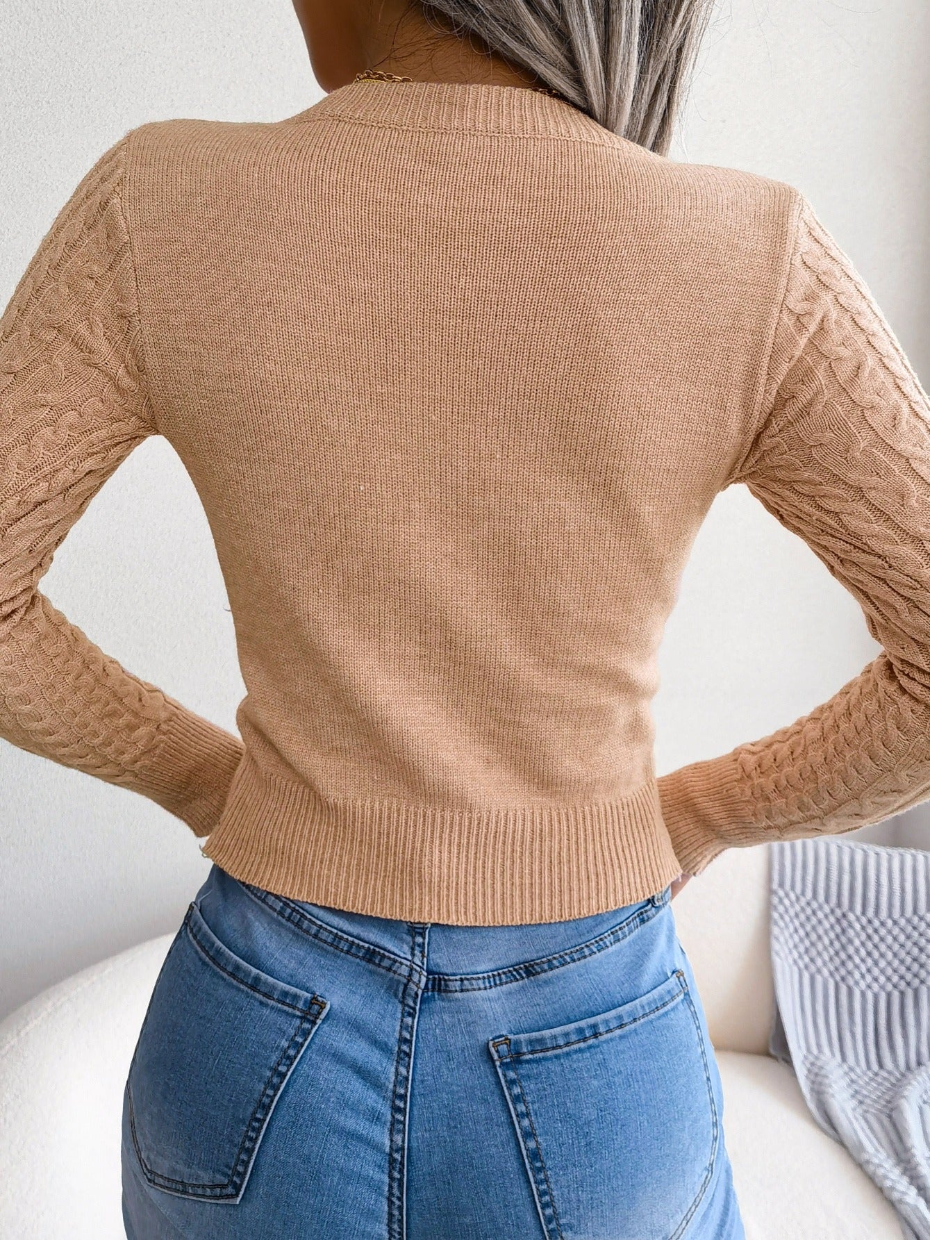 Damen-Langarmpullover mit Lochmuster | Hochelastisches Material, Rundhalsausschnitt, sexy, figurbetont, Herbst/Winter