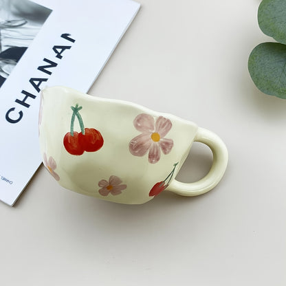 Ceramic Coffee Cups | Hand Pinched Irregular Flower Milk Tea Cup, Korean Style Oatmeal Breakfast Mug, Insulated, Reusable Drinkware for Adults