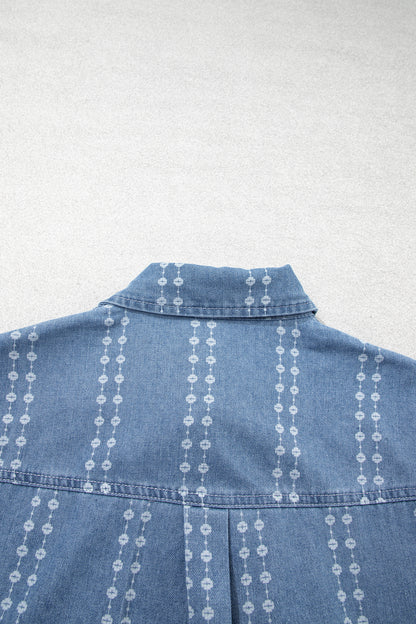 Myosotis Floral Print Button-Down Long Sleeve Denim Shirt