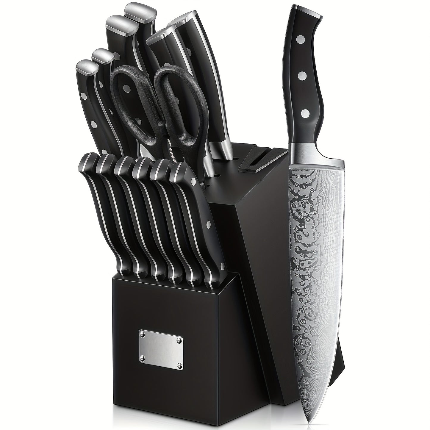 Knife Set, 14PCS German Stainless Steel Kitchen Knives Block Set With Built-in Sharpener, Black