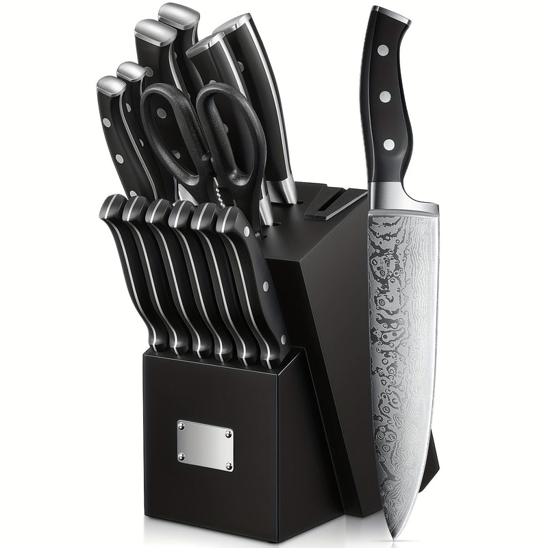 Knife Set, 14PCS German Stainless Steel Kitchen Knives Block Set With Built-in Sharpener, Black