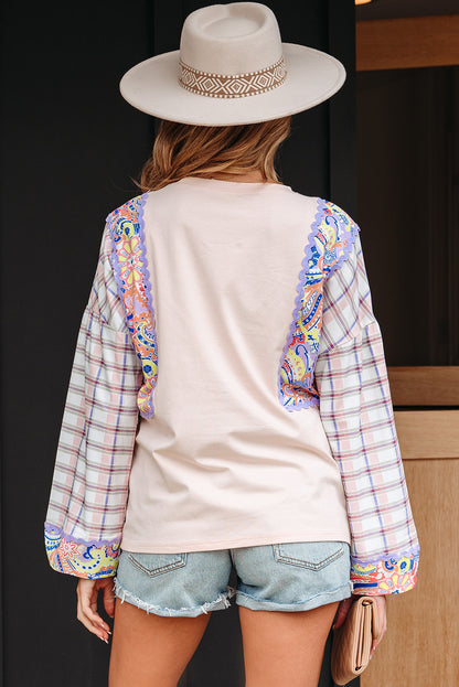 Delicacy Ricrac Trim Floral Plaid Patchwork Puff Sleeve Blouse