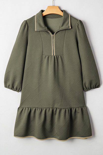 Dearlove Jungle Green Quarter Zip Collar Bracelet Sleeve Textured Mini Dress