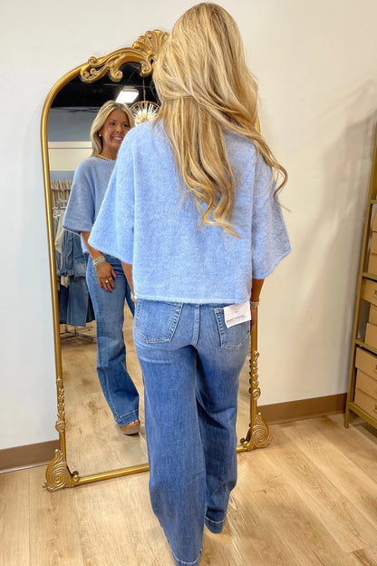 Beau Blue 3/4 Sleeve Boxy Knit Button Down Sweater Cardigan