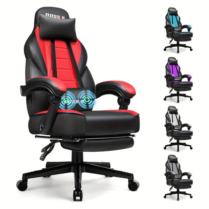 BOSSIN Gaming Chair With Massage, PU Leather Computer Desk Chair With Footrest And Headrest, Ergonomic Heavy Duty Design, Large Size High-Back E-Sports - For Gamers - Suitable for Long Hours of Gaming - Perfect Gift for Gamer