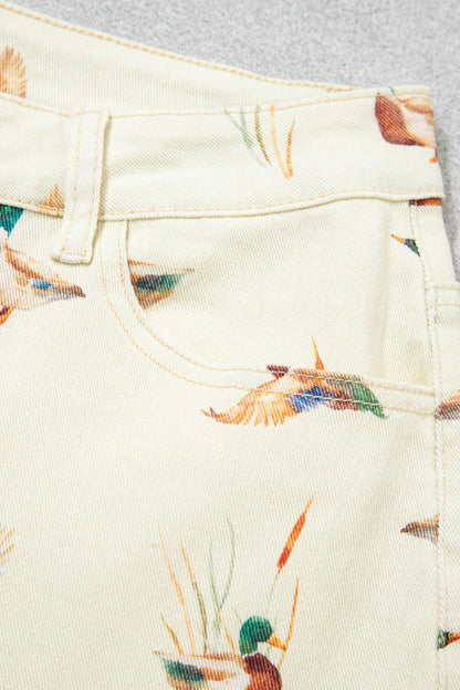 Beige Stylish Mallard Printed Cuffed Hem Shift Jeans