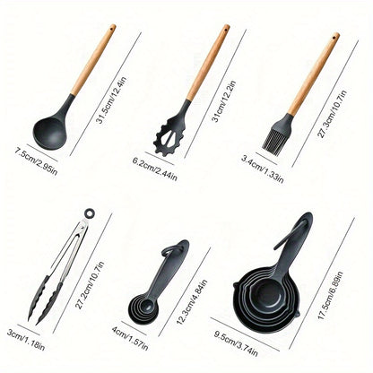 34pcs/set, Wooden Handle Silicone Kitchenware Set, Kitchen Baking Cooking Tools Set High Temperature Resistant Non-stick Pot Special Kitchenware, Kitchen Stuff Baking Supplies