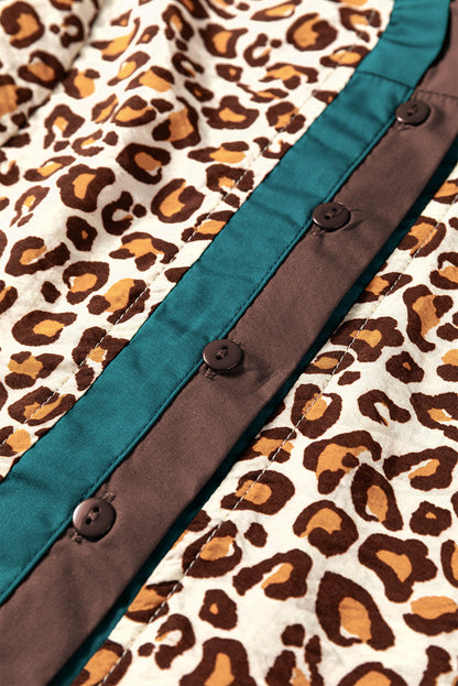 Brown Leopard Print Contrast Frilled Trim Button Down V Neck Shirt