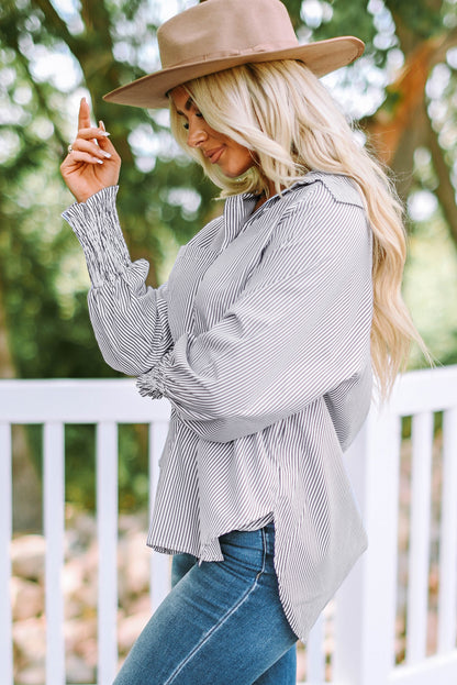 Pink Smocked Cuffed Striped Boyfriend Shirt with Pocket