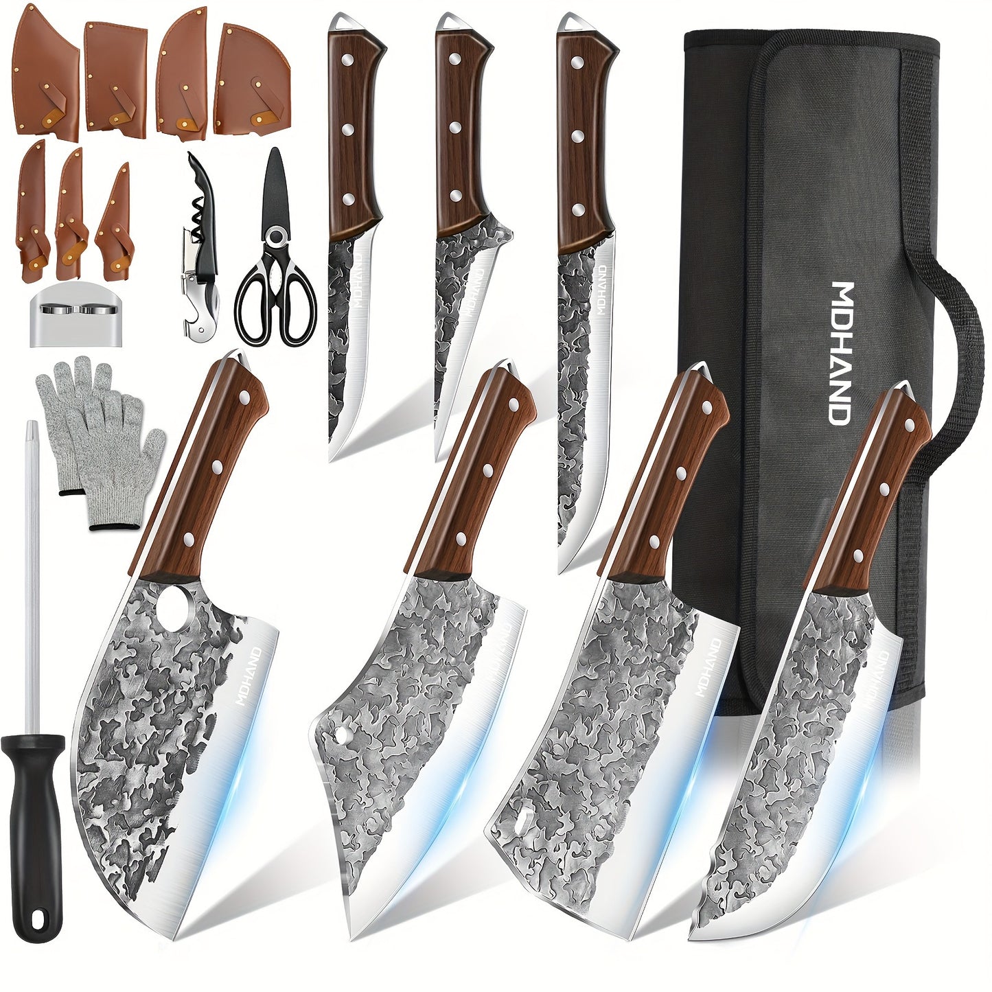 Professional 14pcs Kitchen Chef Knife Set Includes Roll Bag 3-7 Inch, Butcher, Cleaver, Boning, Utility, Splitting Knives for Meat Cutting Fruit Vegetable, High Carbon Stainless Steel Ultra Sharp, with Ergonomic Wood Handle,