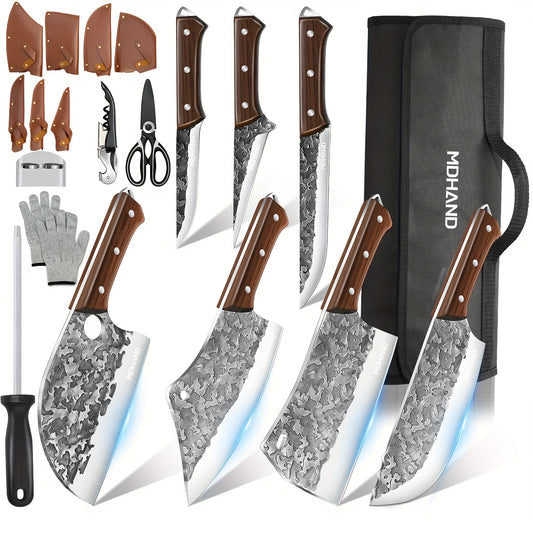Professional 14pcs Kitchen Chef Knife Set Includes Roll Bag 3-7 Inch, Butcher, Cleaver, Boning, Utility, Splitting Knives for Meat Cutting Fruit Vegetable, High Carbon Stainless Steel Ultra Sharp, with Ergonomic Wood Handle,