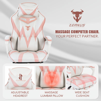 ZEANUS Pink Gaming Chair for Adults & Girls - Ergonomic High Backrest with Massage, Reclining Swivel Office Computer Chair, Racing Style Design with Footrest & Adjustable Armrests, Metal Frame & Soft Foam Padding, Bright Pink