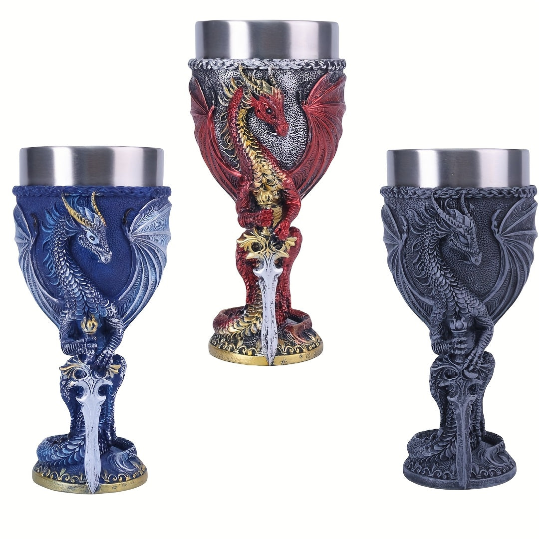 Medieval Flame Dragon Wine Cup, 7oz Stainless Steel, Reusable Insulated Drinkware, Gothic Novelty Gift, Vintage Flying Dragon Design, Hand Wash Only, Ideal for Family & Party Use