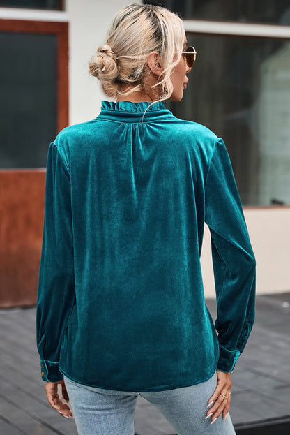 Navy Blue Frilled Neck Buttoned Front Velvet Top
