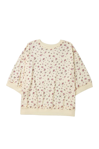 Beige Floral Print Colorblock Cuffs Hem Plus Size Blouse