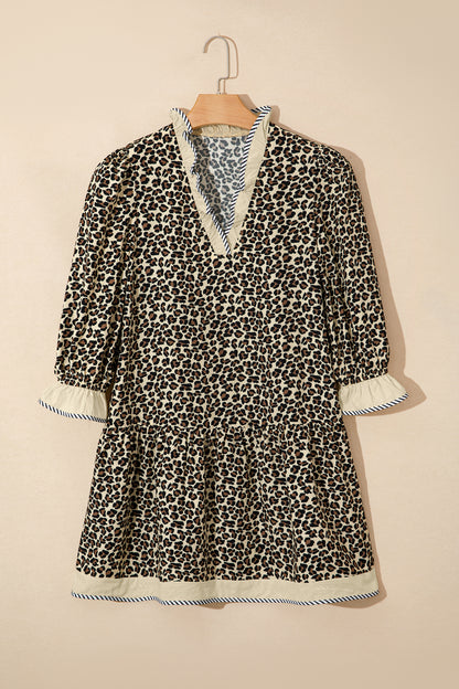 Black Leopard Print Striped Color Block Trim V Neck Bracelet Sleeve Mini Dress