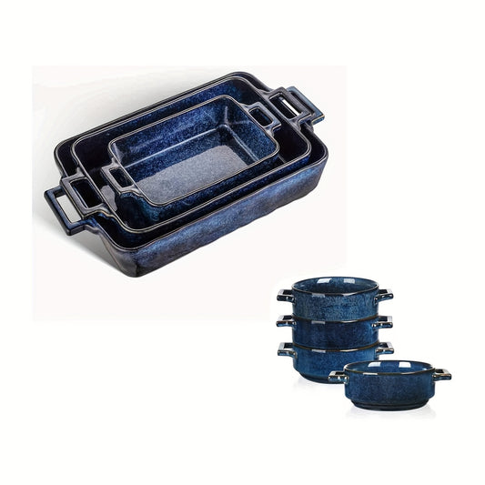 Vicrays 7-Piece Kitchen Bakeware Set, Soup Crocks for French Onion Soup, Porcelain Rectangular Baking Dish for Cooking, Kitchen, Cake Dinner, Microwave and Oven Safe (Blue)