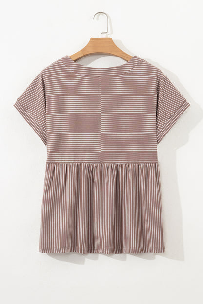Khaki Stripe Buttoned V Neck High Low Side Slit T Shirt