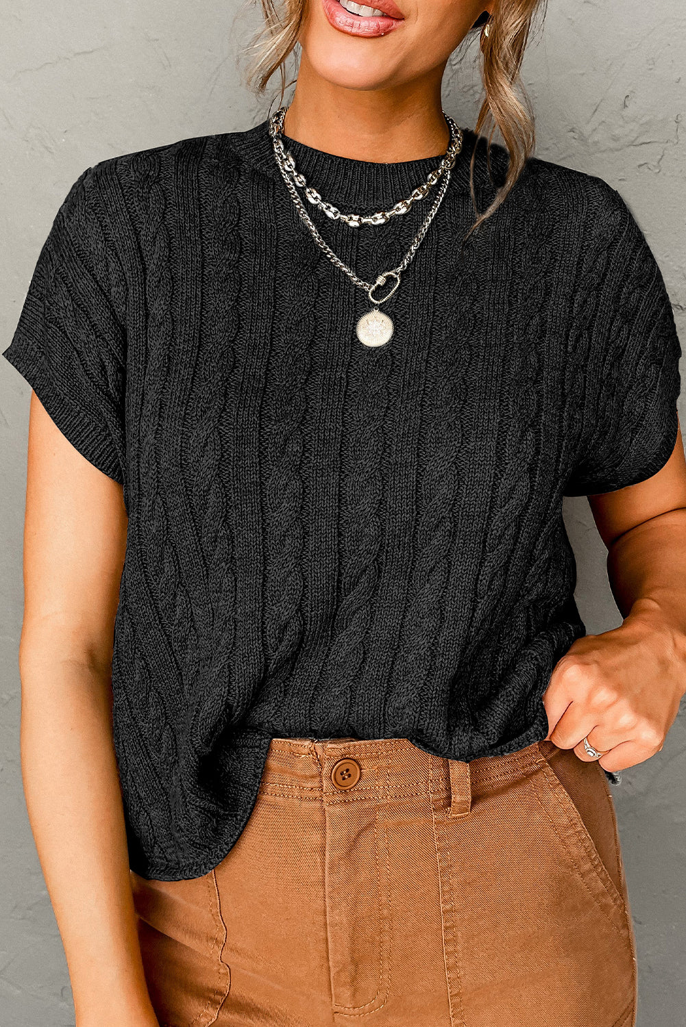 Light French Beige Crew Neck Cable Knit Short Sleeve Sweater