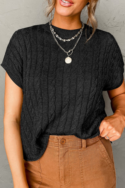 Light French Beige Crew Neck Cable Knit Short Sleeve Sweater