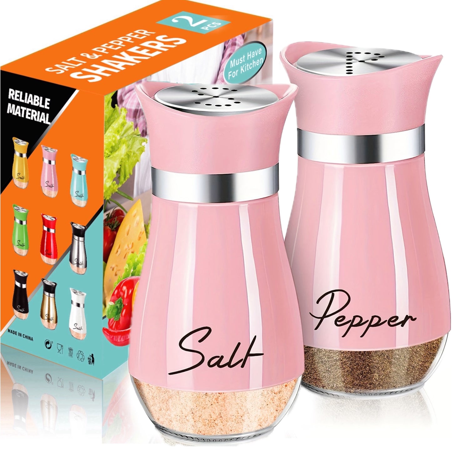 Salt and Pepper Shaker Set, 4oz Glass Bottom Salt and Pepper Shaker, Suitable for Kitchen, Dining Table, RV, Camping, BBQ, Refillable Design (Pink)