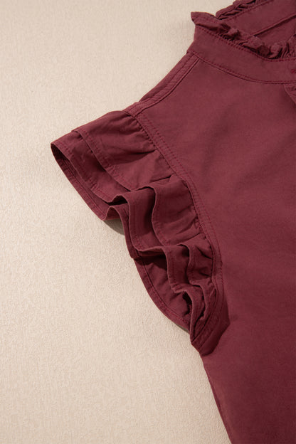 Red Sandalwood Frilled Detail Button Down Ruffle Short Sleeve Denim Mini Dress