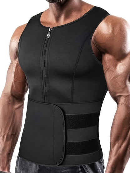 TKPARK Men's Adjustable Compression Tank Top & Waist Trainer - High-Elasticity Workout Shirt with Back Support, Sleeveless Gym Shaper Vest, Zipper Closure & Belt for Fitness Training, Fitness Compression Wear | Sleeveless Tan