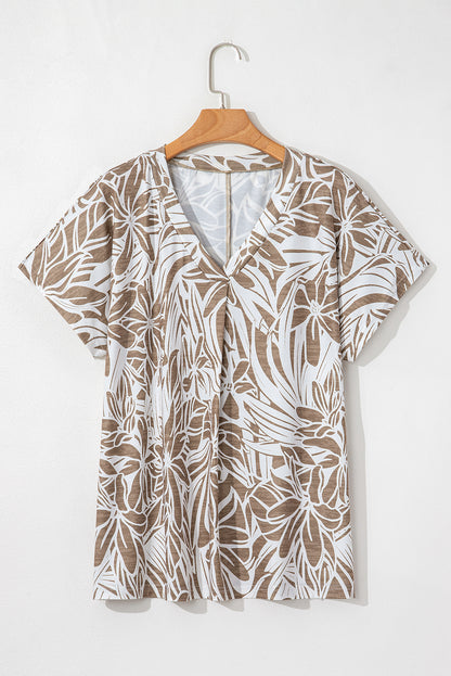 Khaki Floral Print V Neck Short Sleeve Loose Fit Blouse
