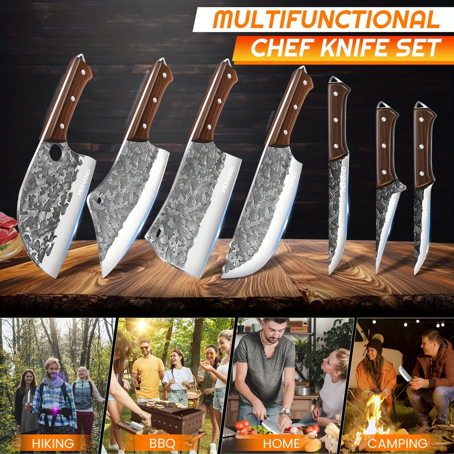 Professional 14pcs Kitchen Chef Knife Set Includes Roll Bag 3-7 Inch, Butcher, Cleaver, Boning, Utility, Splitting Knives for Meat Cutting Fruit Vegetable, High Carbon Stainless Steel Ultra Sharp, with Ergonomic Wood Handle,
