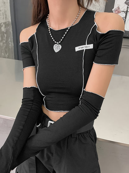 Off Shoulder Hollow Crew Neck T-shirt, Casual Loose Long Sleeve Fashion Summer Slim Bottoming T-Shirts Tops, Women's Clothing