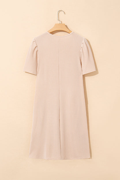 Parchment Corded Knit Crew Neck Puff Sleeve Shift Mini Dress