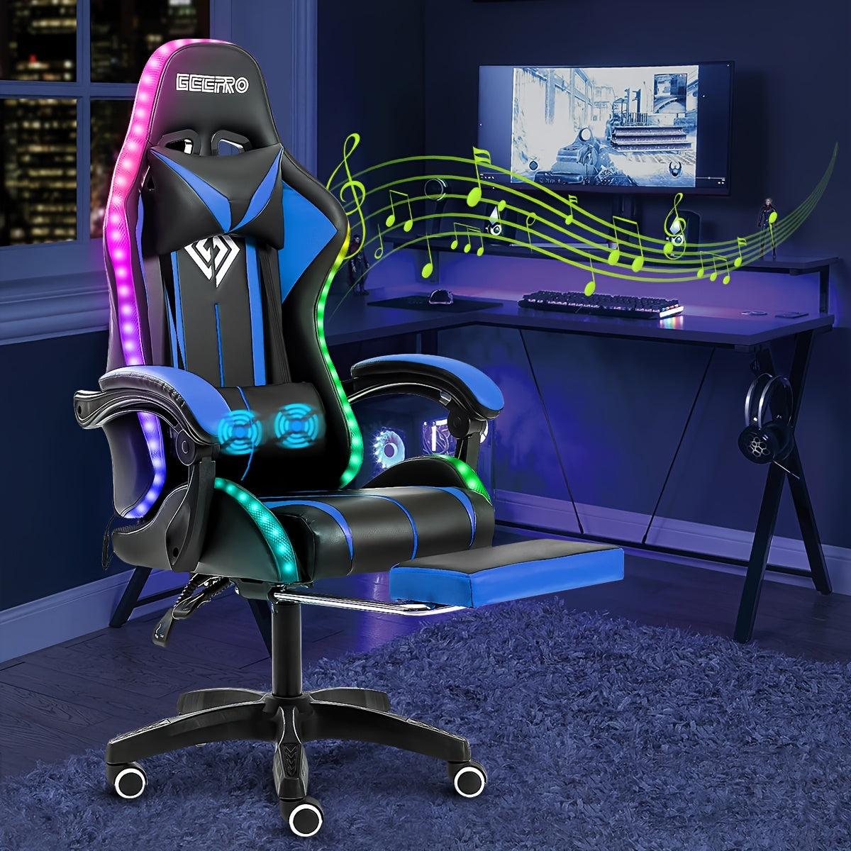 LED Gaming Chair With Wireless Speakers And Massage Big And Tall Video Game Chair For 397lbs With Footrest Reclining High Back Computer Desk Chair