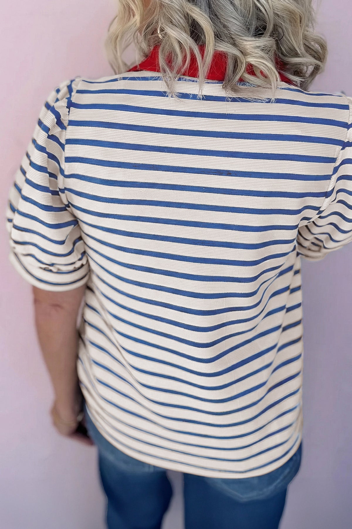 Pink Stripe Short Puff Sleeve Color Block Polo Collar Blouse