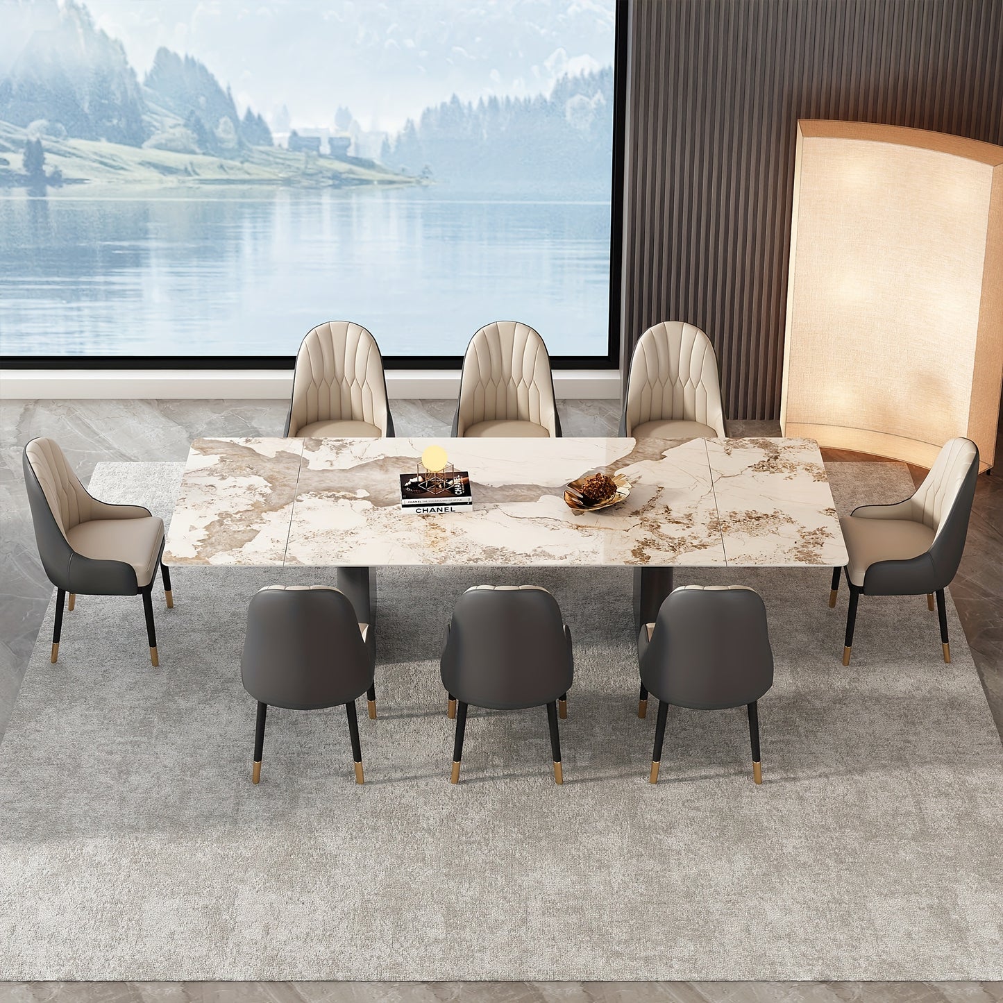 1pc Modern Extendable Dining Table, Rectangular Sintered Stone Top With Stainless Steel Legs, Seats 6-10 People, Adjustable Length 63''-94.5'', Ideal For Kitchen & Dining Room Decor