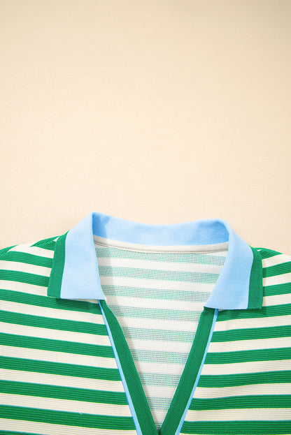 Green Stripe Print Contrast Collar Split Neck Flutter Sleeve Short Dress