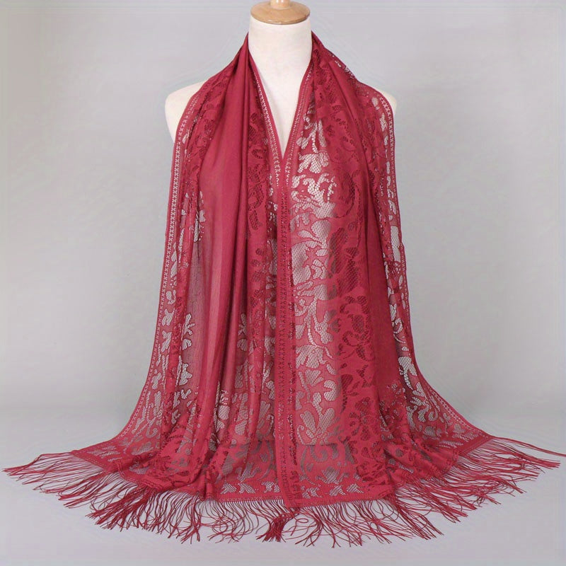 [Schal aus floraler Spitze mit Quasten] Damen-Schal aus floraler Spitze mit Quasten, weicher Netzstoff mit Fransen, Brautschal für Hochzeits- und Abendkleider
